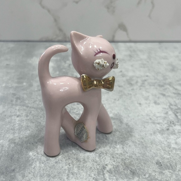 Vintage 1950’s Pink Porcelain Thames Spaghetti Cat w tag kitten gold Japan - Picture 2 of 14